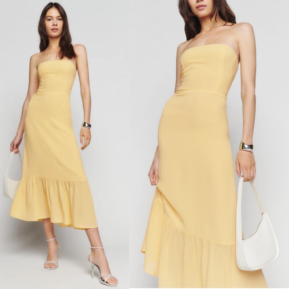 Reformation Strapless Yellow Midi Dress